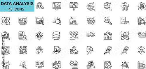 Data Analysis Icons. Line Style Vector Pack for Analytics, Big Data, Research, Dashboard, Statistics, Editable Stroke