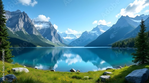 Majestic mountain range reflects in serene lake under a bright blue sky. Perfect for travel, nature, and scenic backgrounds.