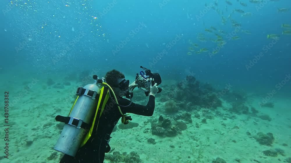 Charmed diver watches fish school shooting video under exotic sea. Man blogger with camera explores life of natural habitats in tropical ocean water. Diving hobby
