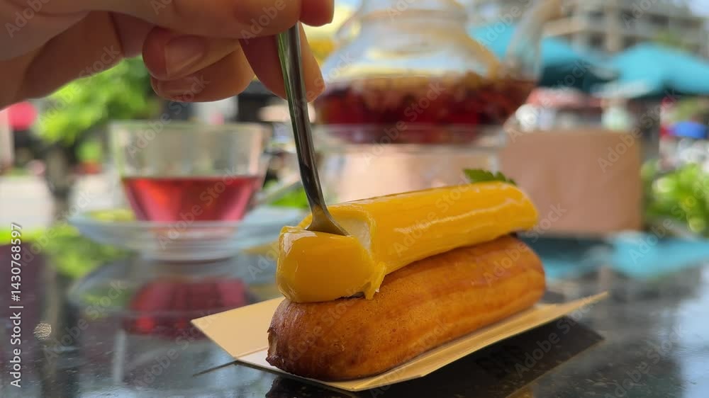 lemon custard pie eat with spoon at personal cafe with herbal tea