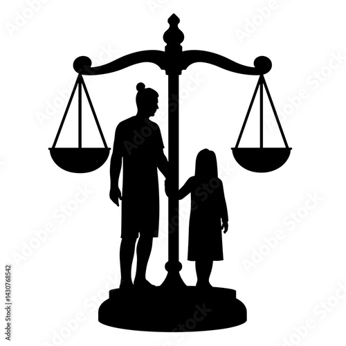 Family silhouette standing by justice scales, symbolism of protection