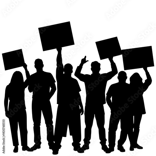 Silhouetted protest group holding peaceful signs, unity and activism