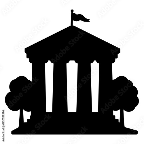 Silhouette of a court building with human rights symbol, justice concept