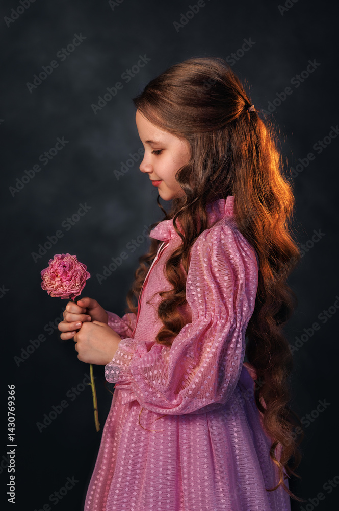 Beautiful girl in a pink dress with a peony flower on a dark background. Romantic, festive image