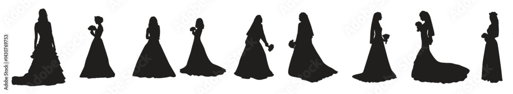 Collection of Bridal silhouettes in different poses set. Collection of Bridal silhouettes in different poses set.