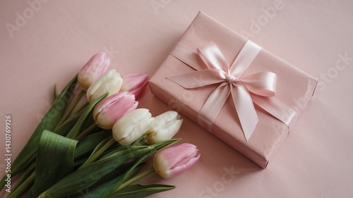 Pink Tulips and Gift Present Spring Flowers Bouquet Celebration