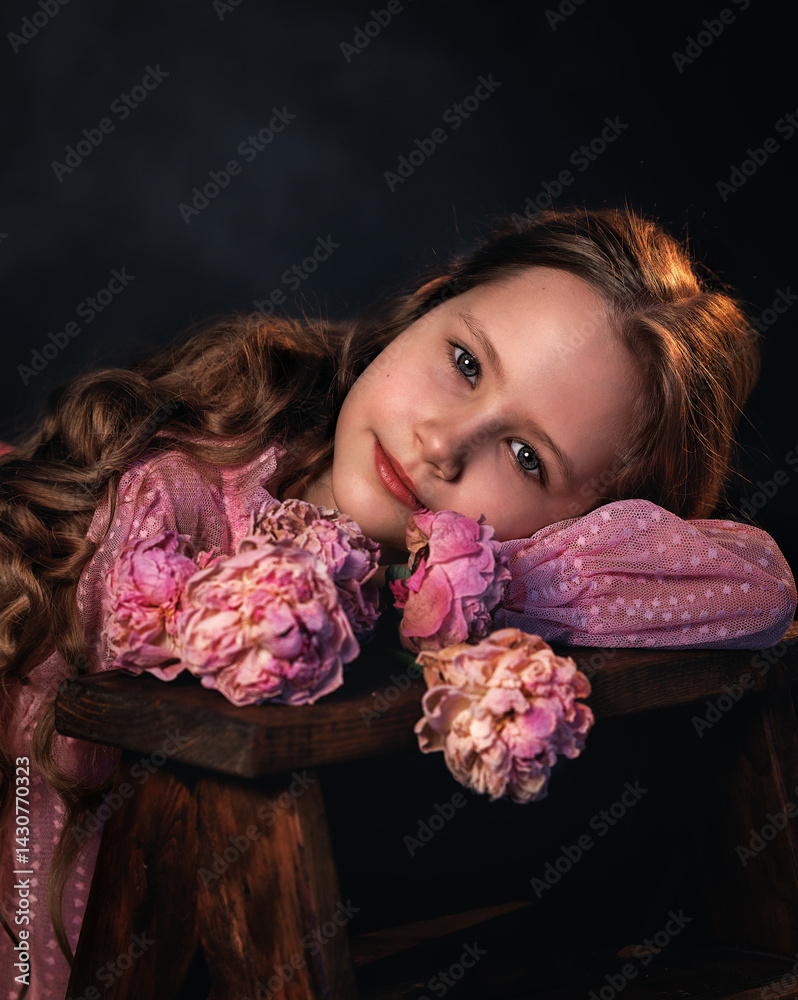 Beautiful girl in a pink dress with a peony flower on a dark background. Romantic, festive image