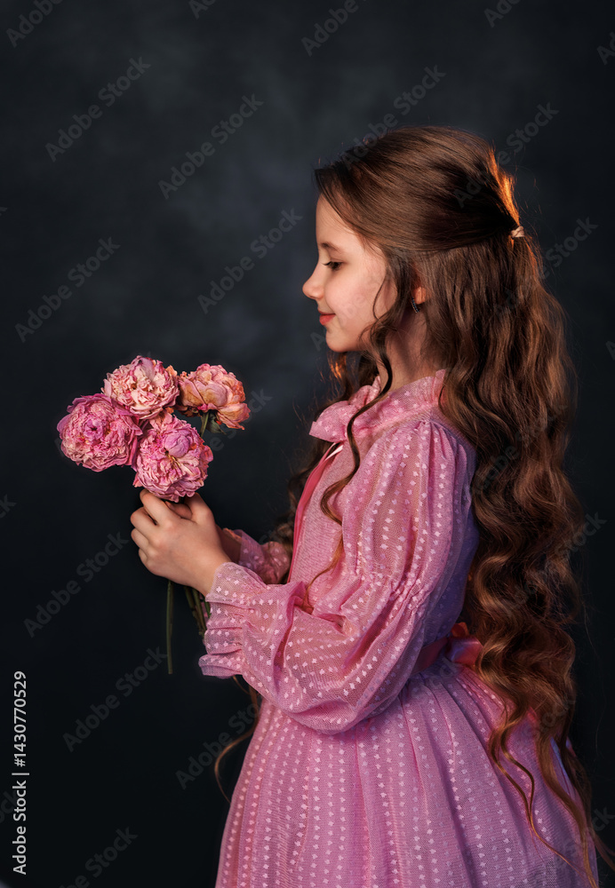 Beautiful girl in a pink dress with a peony flower on a dark background. Romantic, festive image