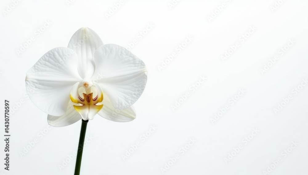 Fototapeta premium Delicate white orchid blossom against pure white background, photography, pure