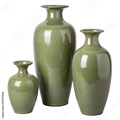 Set of three ceramic vases in varying heights, monochromatic Olive Green finish, isolated on a transparent background