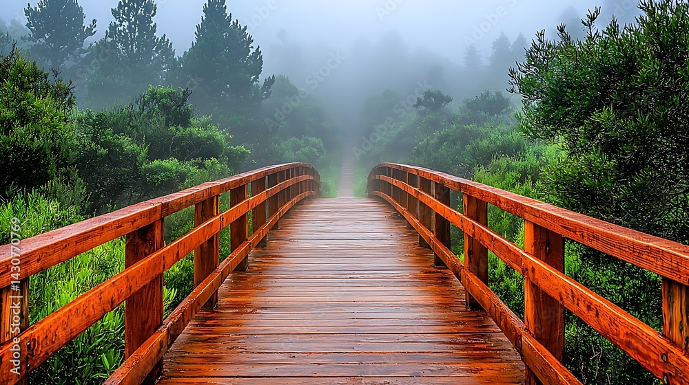 Obraz premium Tranquil wooden bridge through misty forest