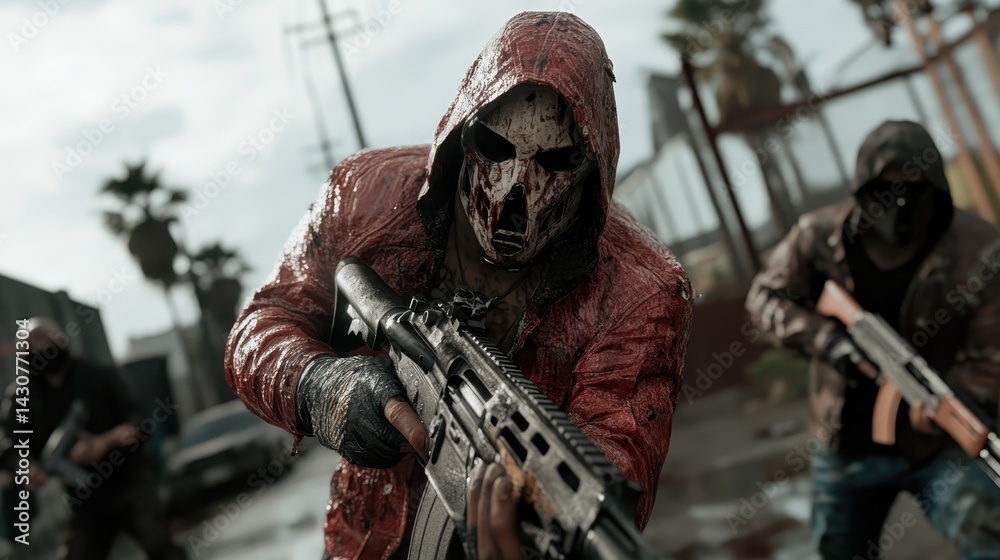 Fototapeta premium This intense image captures a battle-ready figure in a gritty urban landscape, embodying vulnerability and aggression amidst chaotic surroundings and dramatic lighting.