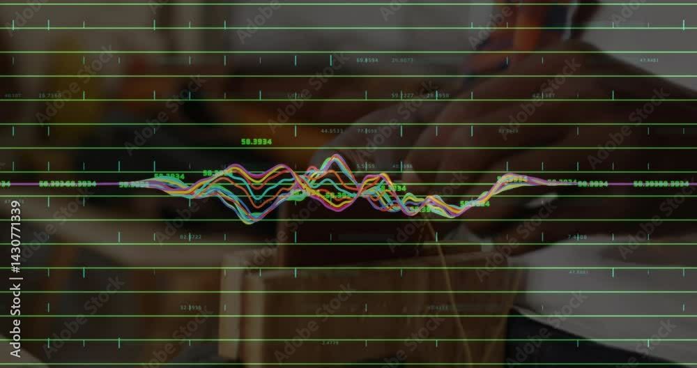 Home cook chopping herbs in kitchen, showing tech grid and multicolored data wave graphs overlay