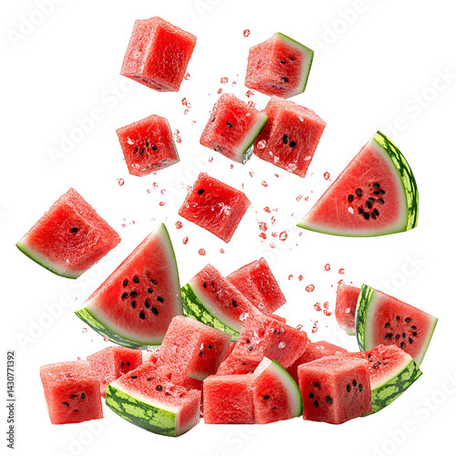 Juicy Watermelon Cubes and Slices Falling Black Background