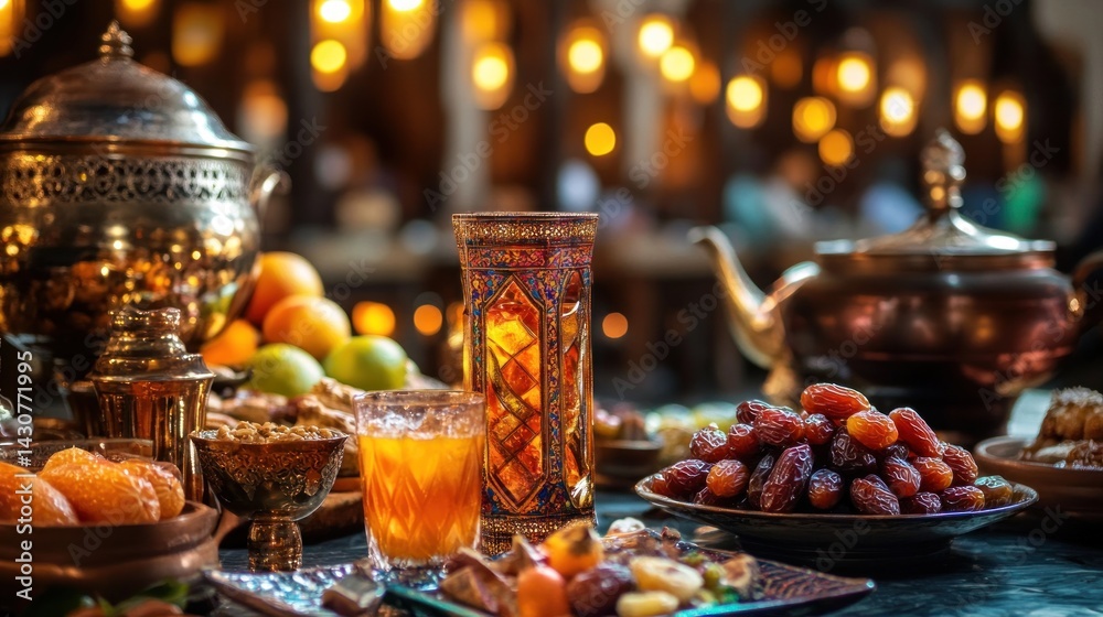 Festive Iftar table with traditional Middle Eastern drinks and sweets. Festive Iftar table with traditional Middle Eastern drinks and sweets.