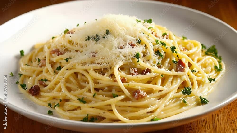 Spaghetti Carbonara Served on Plate with Creamy Sauce, Bacon and Grated Cheese Garnish
Spaghetti Carbonara Served on Plate with Creamy Sauce, Bacon and Grated Cheese Garnish