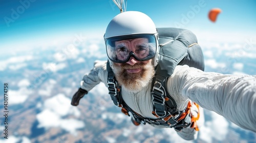 A thrill-seeking skydiver captured midair epitomizes courage and exhilaration, offering a unique view of adventurous activities against a stunning blue sky backdrop.