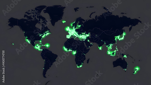 A mesmerizing map of the world displaying bright illuminated city lights during night. This image showcases global connection. The vivid light highlight civilization and global events