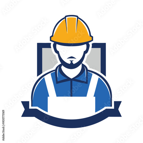 Construction worker with blueprint logo on white background vector illustration