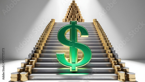 A golden dollar sign climbing up a staircase of wealth, symbolizing financial growth and achievement
