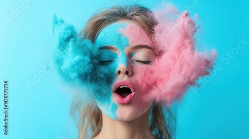 This stunning portrait captures a woman with colorful powder splashes across her face, blending creativity and beauty while strongly representing emotion and artistic flair.