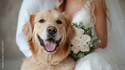 A heartwarming image of a golden retriever posing affectionately with the bride, showcasing their unique bond and the joy that pets bring on a memorable day.