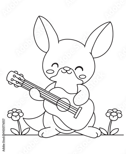 Coloring book rabbit serenading with an acoustic guitar among the flowers.