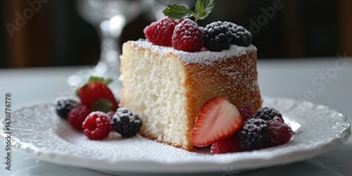 A slice of airy angel food cake served with fresh berries and a dusting of powdered sugar on a white plate