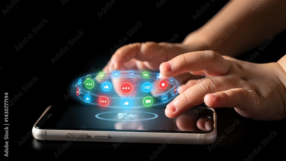 Toddler's Tiny Fingers Interacting with Futuristic Holographic Interface on Smartphone; Exploring the Digital World's Early Stages Toddler's Tiny Fingers Interacting with Futuristic Holographic Interface on Smartphone; Exploring the Digital World's Early Stages