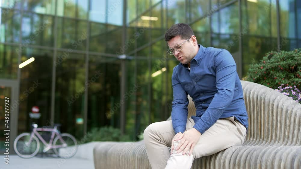 Businessman suffers from painful severe knee joint pain sitting on a bench on the street near office building. Upset handsome male massages leg muscles, could not walk, illness, cramps or rheumatism Businessman suffers from painful severe knee joint pain sitting on a bench on the street near office building. Upset handsome male massages leg muscles, could not walk, illness, cramps or rheumatism