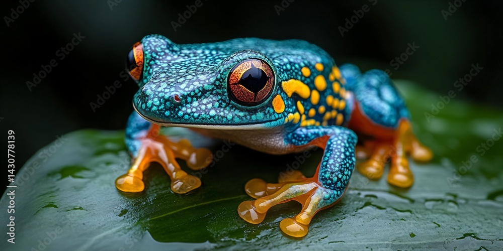 colorful frog on a leaf, close up of a rainforest amphibian