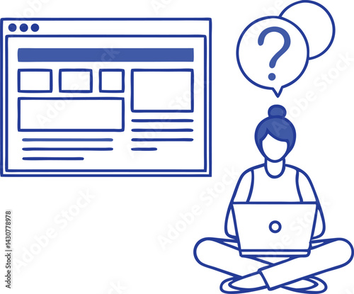 Person sitting cross legged, laptop user, pointing at large screen, website interface, ad placement