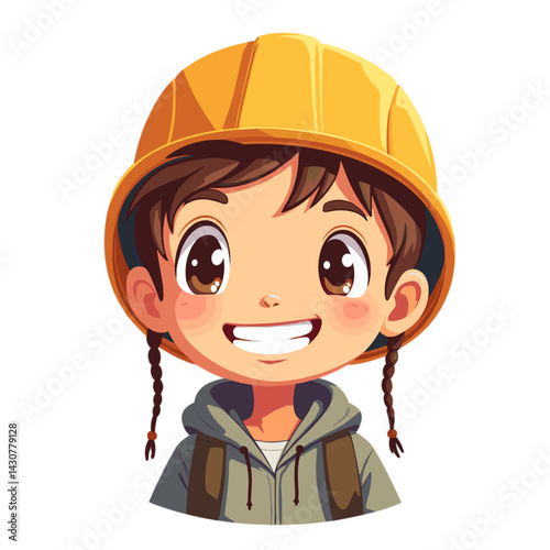 Happy boy in a yellow hard hat smiling joyfully  
