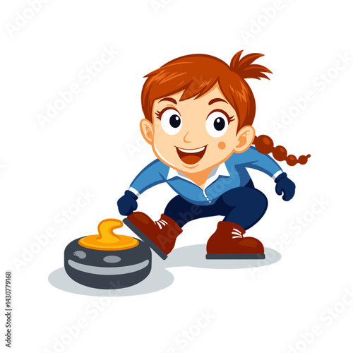 Cheerful girl playing curling on ice  