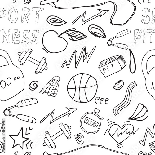 set of vector hand-drawn sports icons doodle lettering .swimming bodybuilding badminton sports equipment, fitness .seamless pattern A collection of design elements for typography