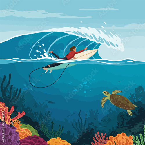 Surfer Riding a Big Wave Over a Coral Reef with Turtle
