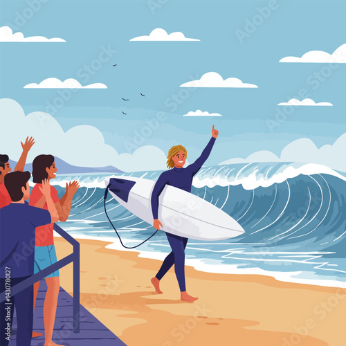 Surfer Walking on Beach Holding Board with Crowd Cheering Success