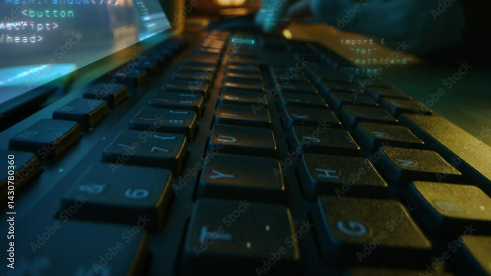Coder is Writing Program Instructions on a Computer's Keypad. Motion Graphics Showcase the Profession of Programming and Building of Web Services, as Snippets of Digital Syntax Appear on Screen
