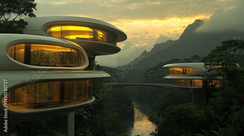 Obraz na płótnie futuristic luxury building, sunset over the rainforest river, modern organic green eco architecture concept, exotic fantasy landscape w salonie