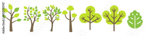 Flat vector trees illustration cute cartoon simple art transparent background.