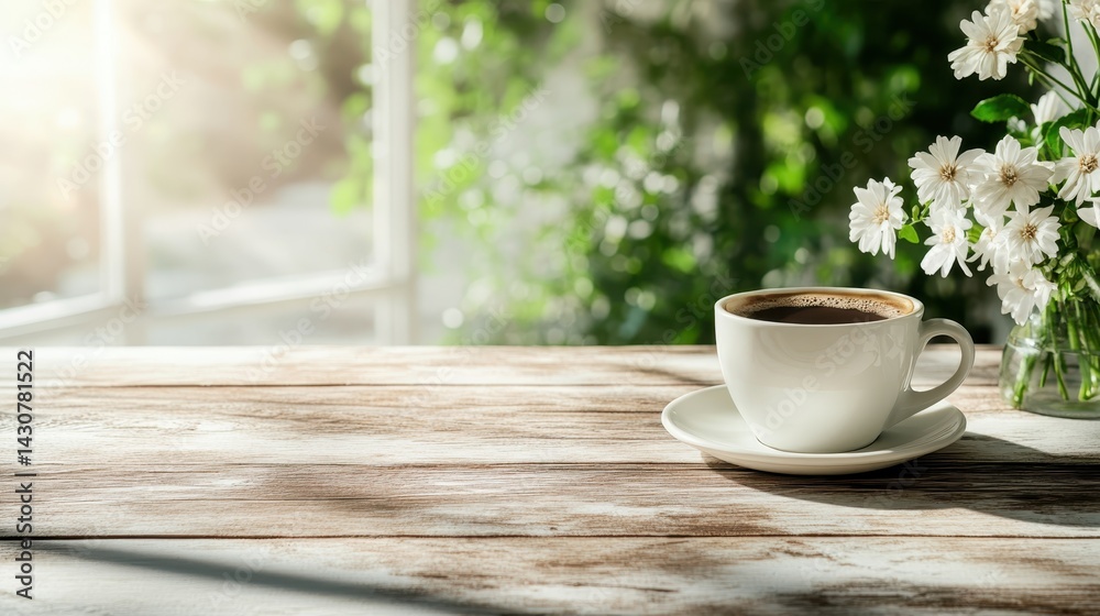 A steaming coffee cup placed on a rustic wooden table surrounded by beautiful flowers, creating a serene atmosphere filled with warmth and tranquility. A steaming coffee cup placed on a rustic wooden table surrounded by beautiful flowers, creating a serene atmosphere filled with warmth and tranquility.
