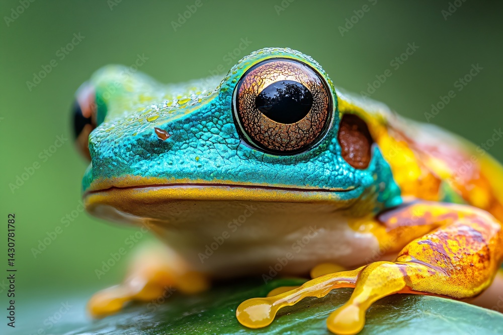 colorful frog on a leaf, close up of a rainforest amphibian