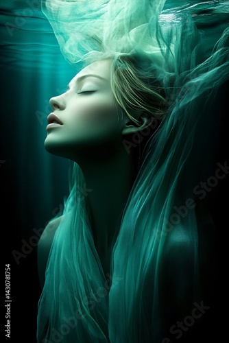 Obraz na płótnie a floating long haired woman in a white dress in darkness underwater w salonie