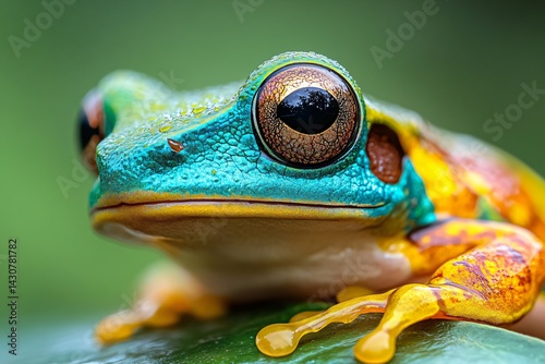 Obraz na płótnie colorful frog on a leaf, close up of a rainforest amphibian w salonie