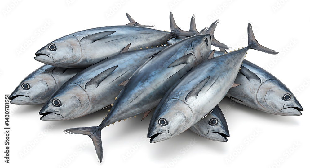 Obraz premium Fresh Fish Pile Several Tuna on White