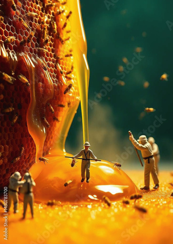  honey, beekeeper suits, tiny humans, imaginative scene, oversized environment, dripping honey