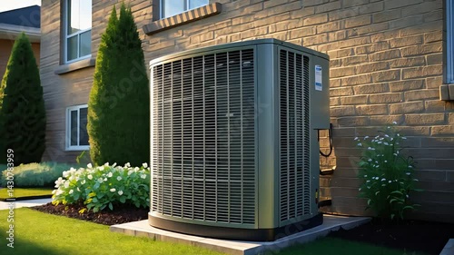A modern air conditioning unit installed outside a house, surrounded by green plants and a well-maintained lawn.

