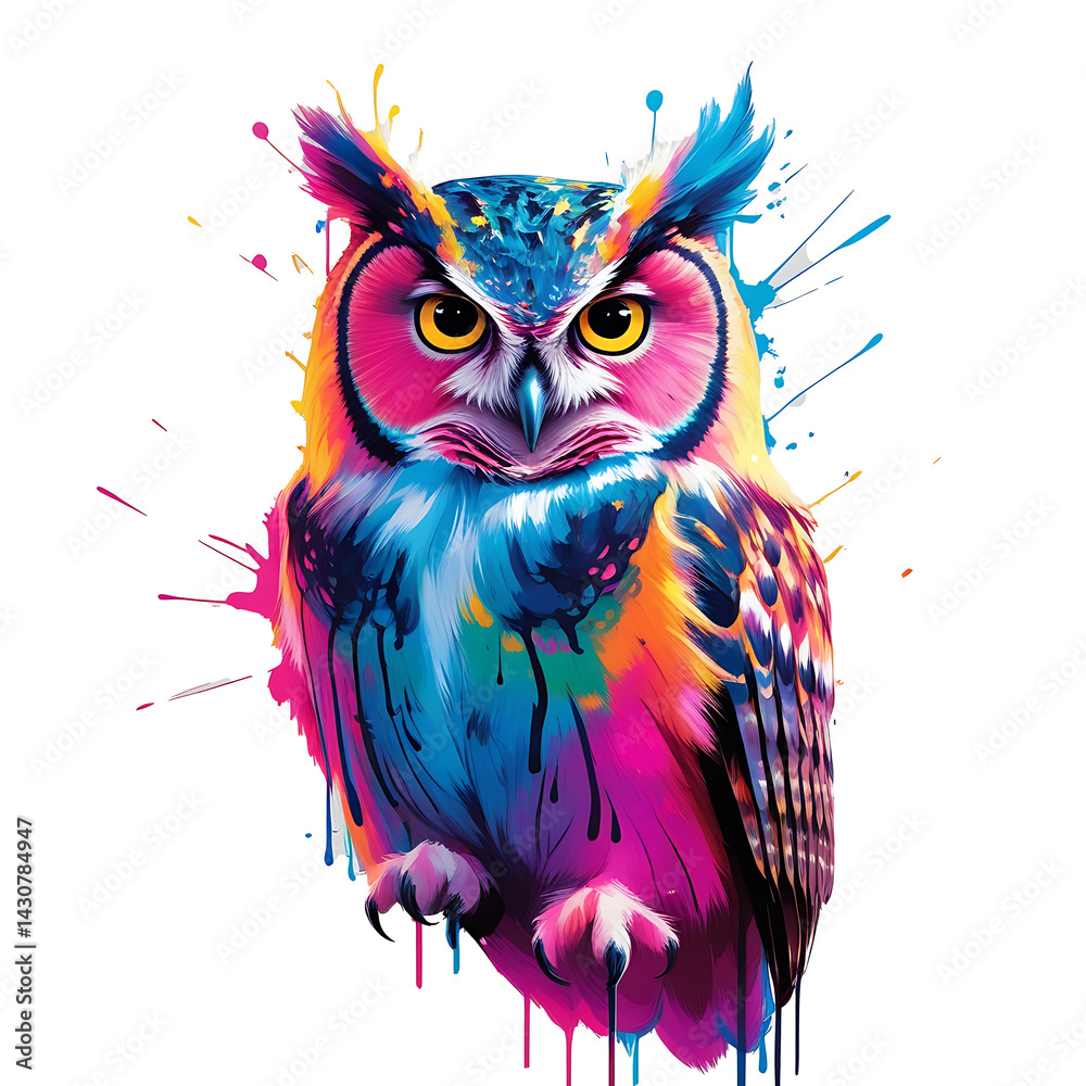 Fototapeta Vivid Colorful Owl in Artistic Paint-Drip Portrait Style