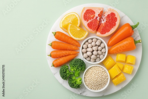 Five colorful probiotic-rich foods arranged in a circle on a marble surface, with a soft green background, emphasizing gut health and digestion. fermented foods, healthy microbiome, overall well-being