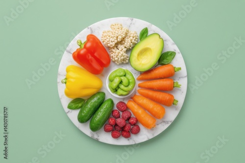 Five colorful probiotic-rich foods arranged in a circle on a marble surface, with a soft green background, emphasizing gut health and digestion. fermented foods, healthy microbiome, overall well-being